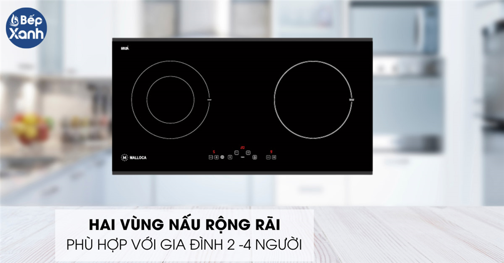 Bếp điện từ Malloca 2 vùng nấu trang bị 2 vùng nấu rộng rãi